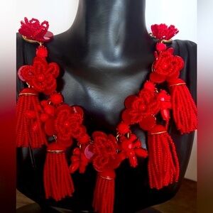 J. CREW Statement Beaded red floral necklace with Bead Tassels